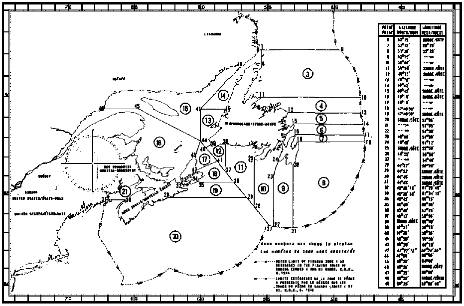 Map of Squid Fishing Areas with latitude and longitude coordinates for forty-nine points outlining the areas