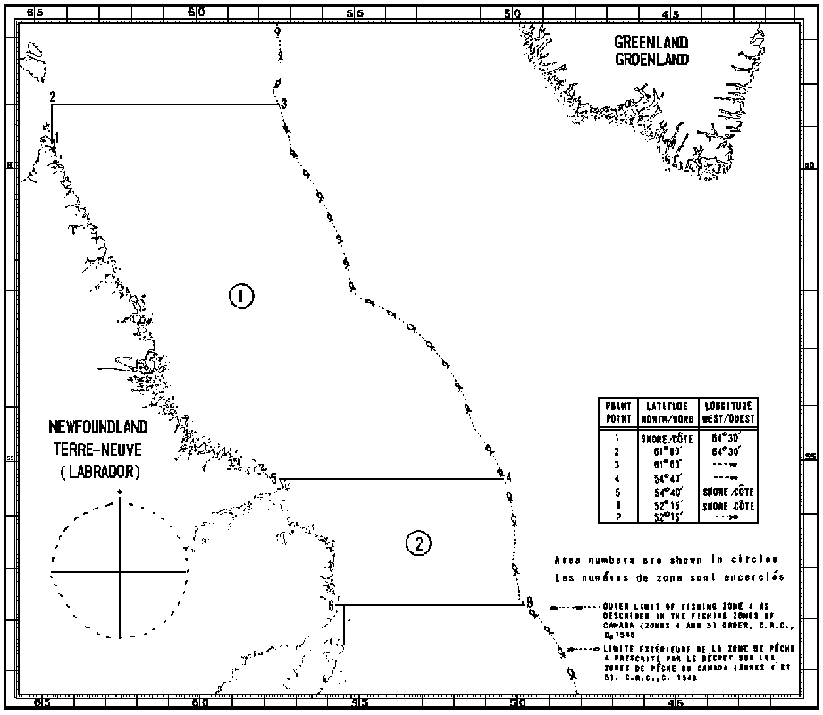 Map of Salmon Fishing Areas with latitude and longitude coordinates for seven points outlining the areas
