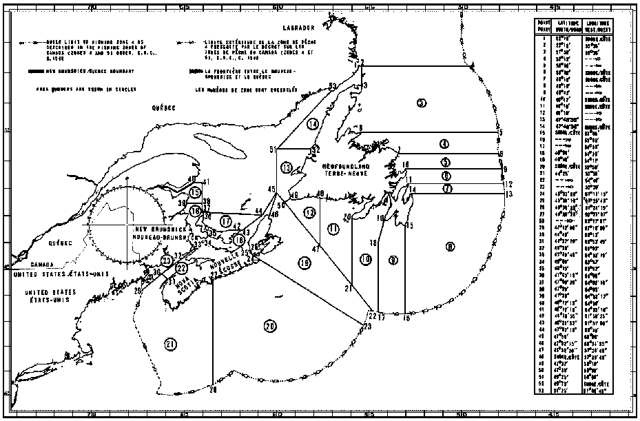Map of Salmon Fishing Areas with latitude and longitude coordinates for fifty-three points outlining the areas