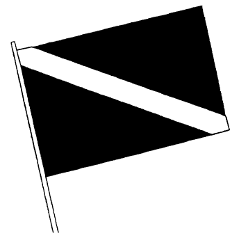 Image of diver’s flag showing a rectangular flag that has a white diagonal stripe extending from the tip of the hoist to the bottom of the flag.