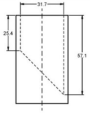 Illustration of measurements for a small parts cylinder. The small parts cylinder is a hollow cylinder with an inner diameter of 31.7 mm. A plate (or similar device) is placed inside the cylinder at a 45 degree angle such that the minimum depth of the cylinder is 25.4 mm and the maximum depth of the cylinder is 57.1 mm. No specifications are provided for the wall or floor thickness of the cylinder.