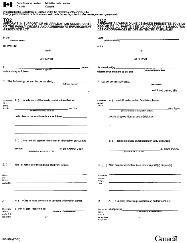 T02 Affidavit in Support of an Application under Part I of the Family Orders and Agreements Enforcement Assistance Act form