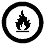 A symbol for a hazard associated with flammable and combustable material, described by a circular border encompassing a flame resting on a line.