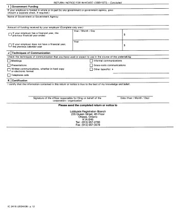 Continued Form 2 Return / Notice for In-house Lobbyists - In-house Lobbyists (Corporations / Organizations) Registration form